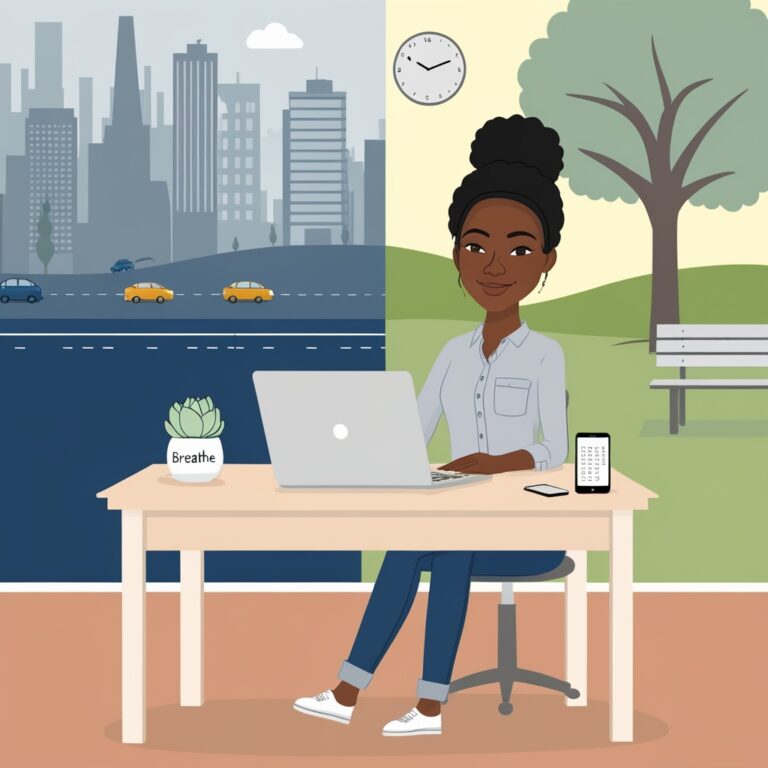 Diverse professional thriving at a minimalist desk, balancing work and wellness.”