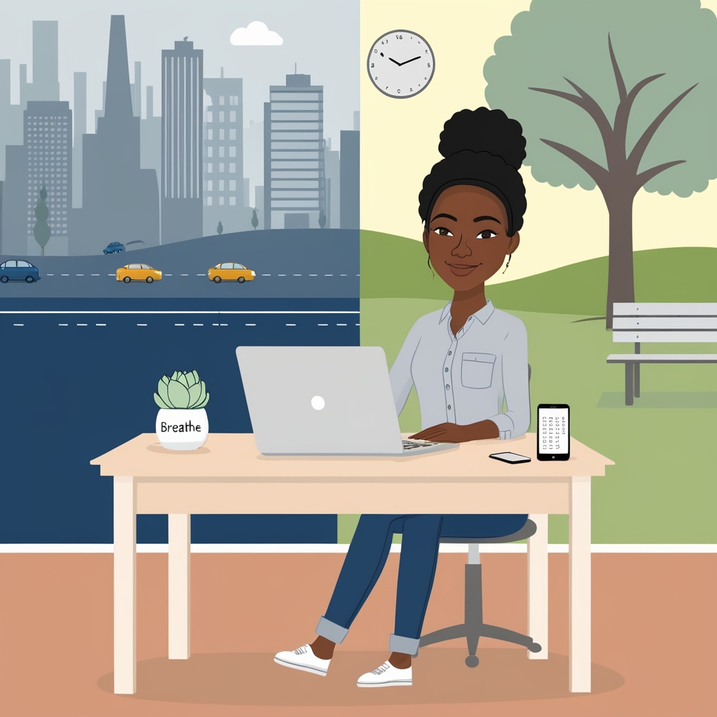 The Rise of ‘Quiet Thriving’: How U.S. Workers Are Redefining Success Beyond Burnout 1 Diverse professional thriving at a minimalist desk, balancing work and wellness.”
